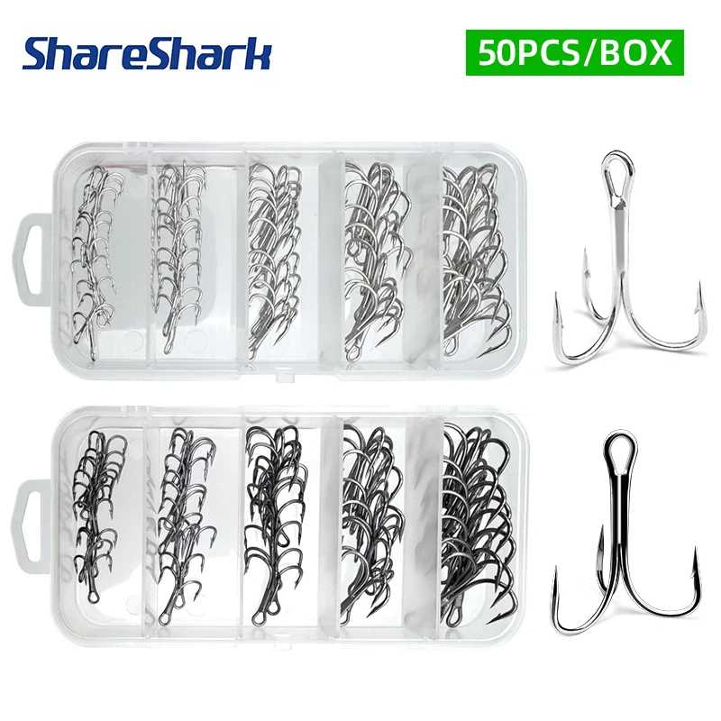 ShareShark 50 Stück/Box Angelhaken-Set Hochkarbon-Stahlhaken Stark Scharf Rund Gebogen mit Spaltringen für Köder und Angelköder