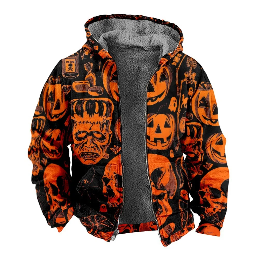 

loween Themed Long Sve Zippered Hoodie Cotton Jaet Casual Print Streetwear Loose Fit Men's T-irt Cross-Border Sle