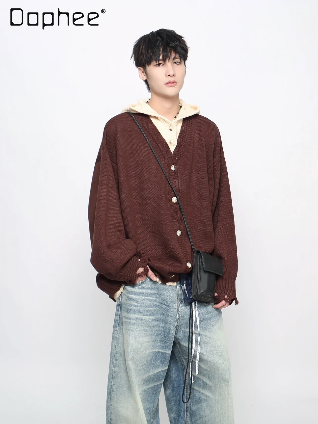 Spring and Autumn New American Retro Fake Two-Piece Brown Hooded Knitted Sweater Men Black Casual Cardigan Sweater
