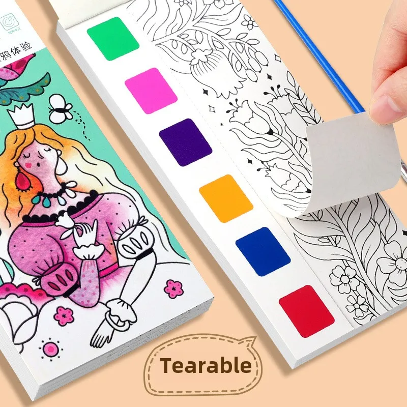 Libro para colorear de acuarela para niños, libro para colorear y dibujar para estudiantes, dibujo con bolígrafos de pintura de acuarela integrados, 1 ud.