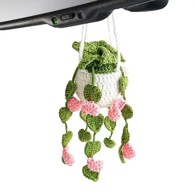 Car Crochet Ornament | Automotive Mirror Knitting Decorative Accessories | Flower Basket Pendant for Rear View Mirror Vehicle Po