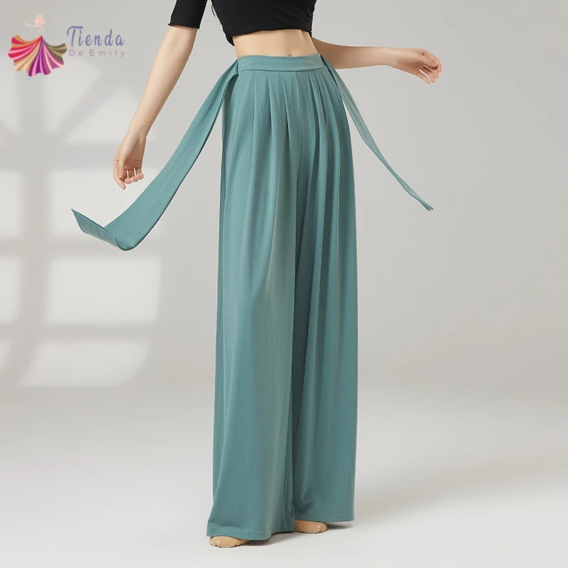 Classical Dance Pants Women Wide Leg Long Trousers High Waist With Tied Band Stage Costume Loose Practice Clothes Casual Wear
