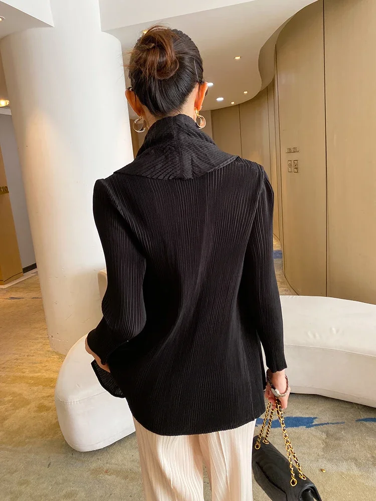 ALSEY Miyake Pleated Fashion Short Coats Women\'s Fall Winter New Black Loose Open Stitch Turn-down Collar Korean Jackets