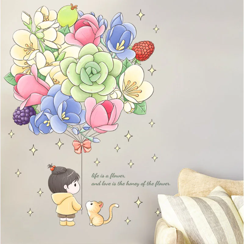 Cartoon Girl Holding Flower Ball Wall Sticker Living Room, Bedroom, foyer, TV Background Decoration, Moisture-proof Sticker