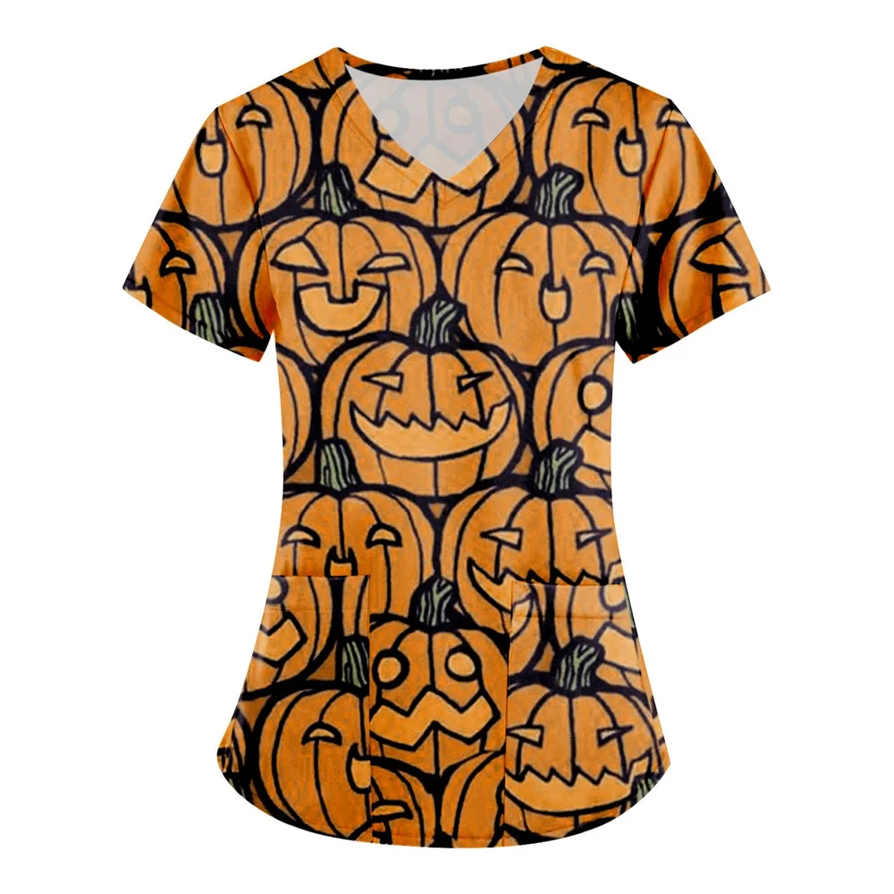 Women's Halloween Print Nurse Uniform, Short Sleeve V-neck Tops, Healthcare Tunic Pocket Blouse, Female Overalls, Working Unifor