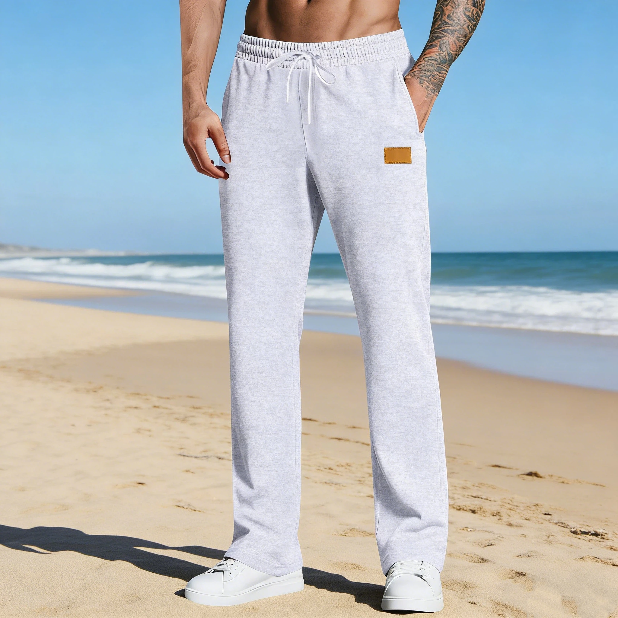 

Men's Patchwork Leather Sweatpants Casual Loose Sports Pants Elastic Drawstring Waist Comfortable Commuting Joggers Multicolored