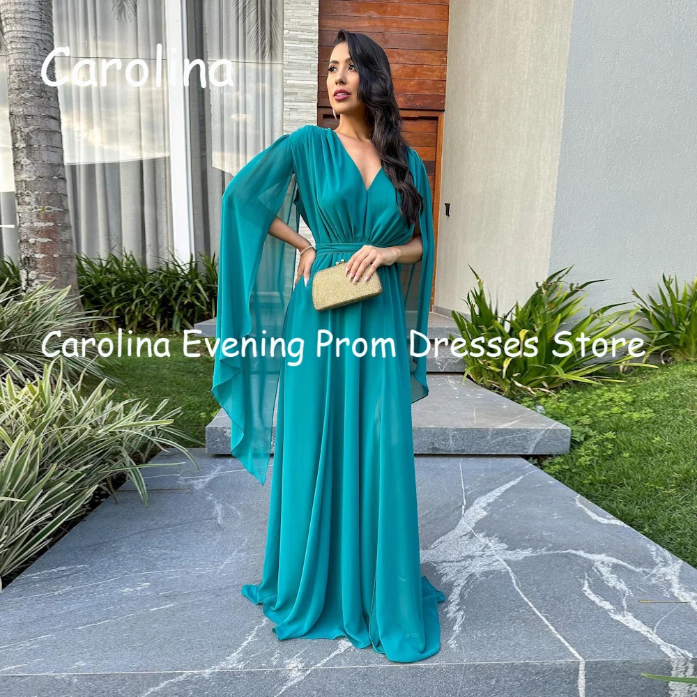 

Carolina Chiffon A-line V-neck Arab Ruffle Prom Gown Floor Length Saudi Evening Formal Elegant Party Dress for Women 2023