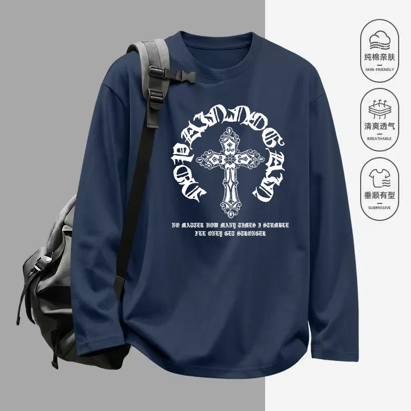 Herren Gothic Kreuzmuster Bedrucktes Langarm-T-Shirt aus 100% Baumwolle (230g) mit Rundhalsausschnitt, Lässiger Streetwear-Hoodie – Detail 7
