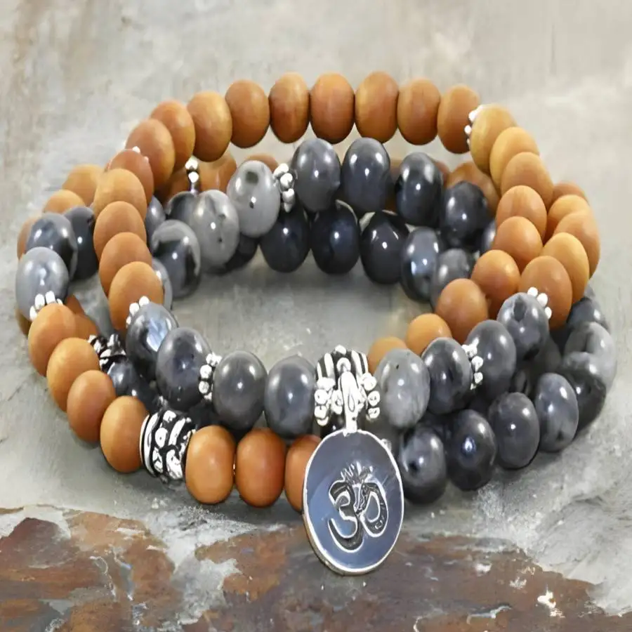 

6mm Sandalwood spectrolite Gemstone 108 Beads Mala Bracelet zazen Sacred Bohemian Spiritual Chaplet Men's Prayer Buddha Chakra