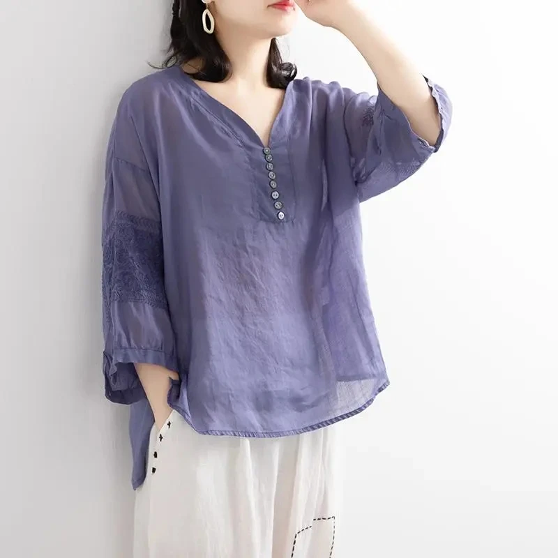 Purple Solid Casual V-Neck Cotton Lightweight Three Quarter Sleeve Women\'s Blouse Shirt Korean Fashion Female Clothing Tops 2024