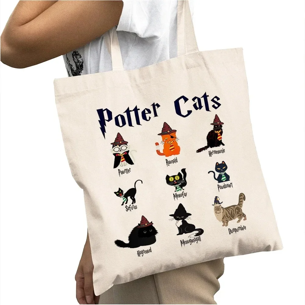 Lässige Cartoon Potter Cats Damen-Einkaufstaschen Doppeldruck Lässige Mädchen-Tragetasche Große Kapazität Damen-Shopper-Tasche – Detail 7