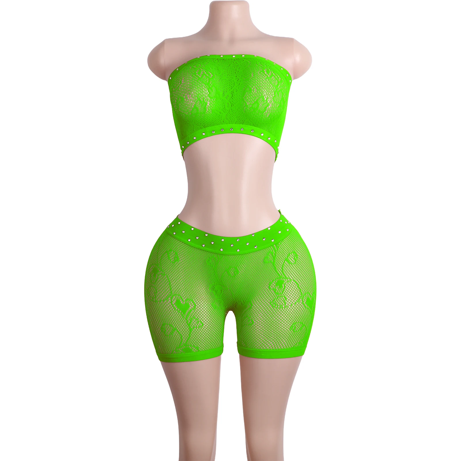 Rhinestone Two-Piece Shorts Bra Hot Stripper Exotic Dancewear Performance Stage Club Lingerie One-Piece Costume Sexy Adults