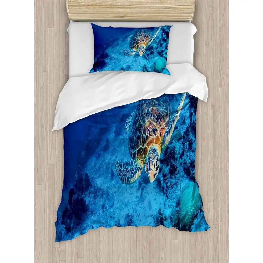 Deep Blue Sea Turtle Duvet Cover Set with 2 Covers & 4 Pillowcases, Ocean Themed, Queen Size, Blue