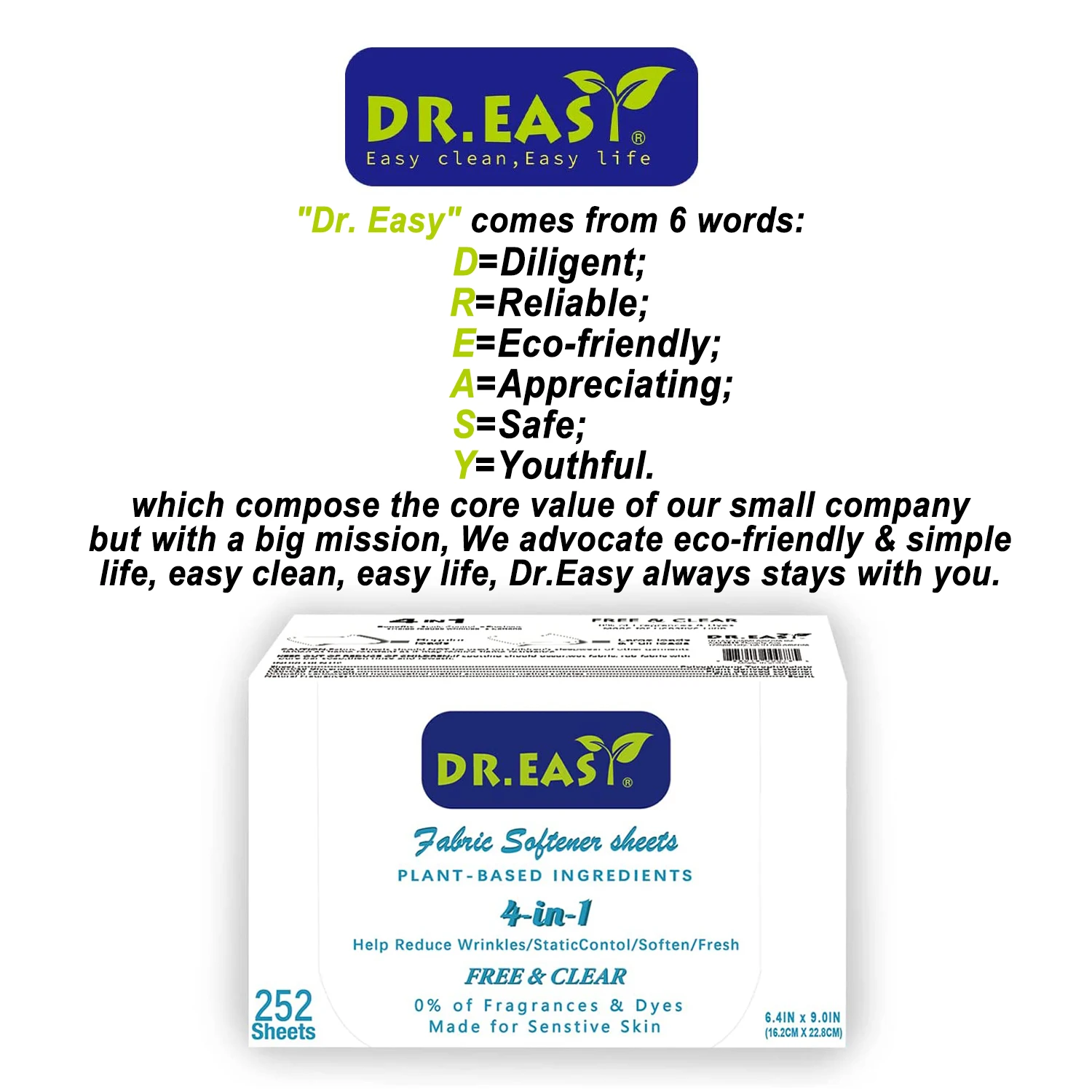 DR. Easy 252 Ct Dryer Sheets Plant Based Formula Fabric Softener Sheet for Laundry Free Clear Essential Oil Scented No Dyes