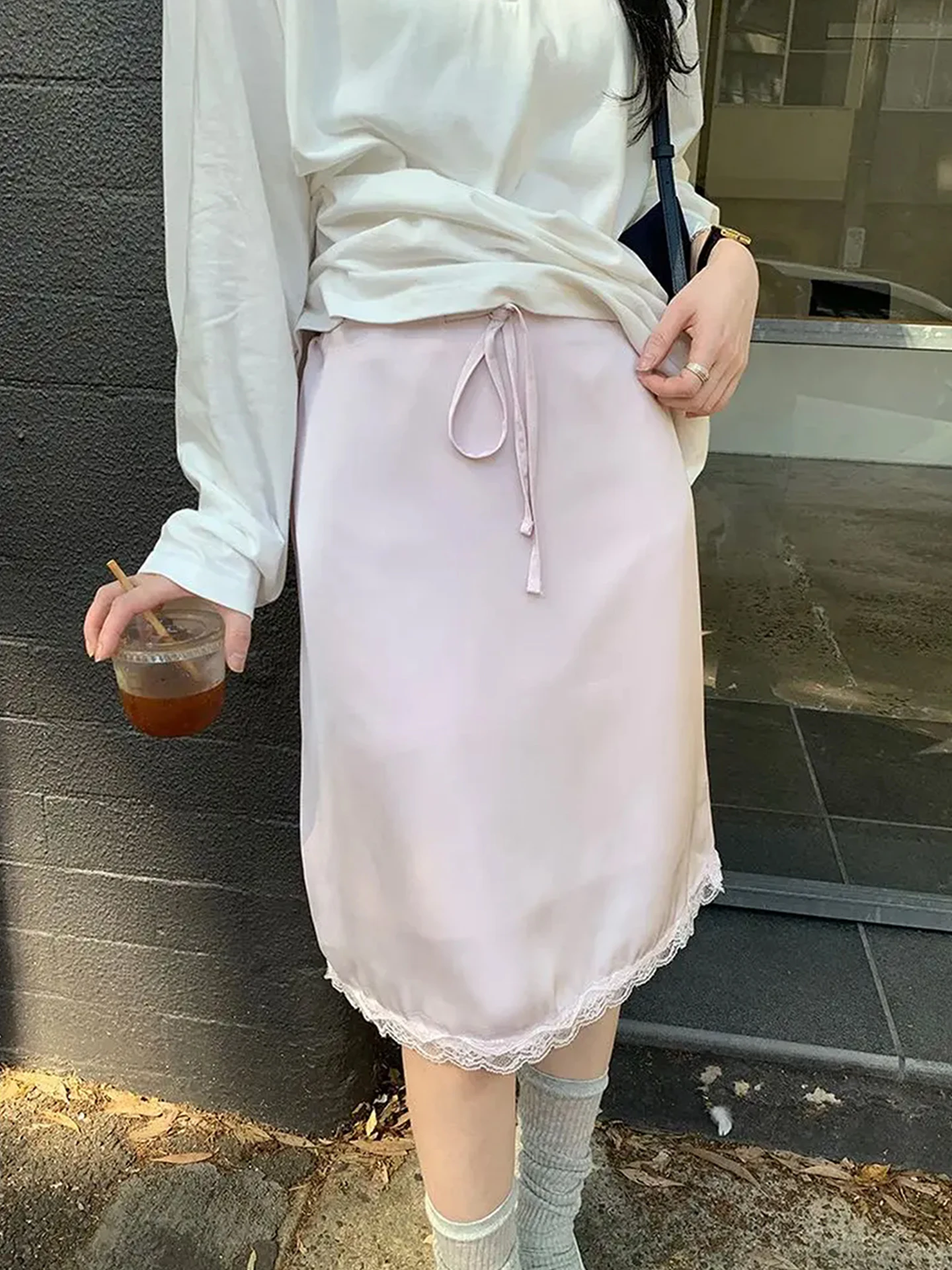 Liangliang Gentle Pink Satin Drawstring High Waist Midi Skirt Slimming Summer New Arrival Flowing Korean Style Straight Cut