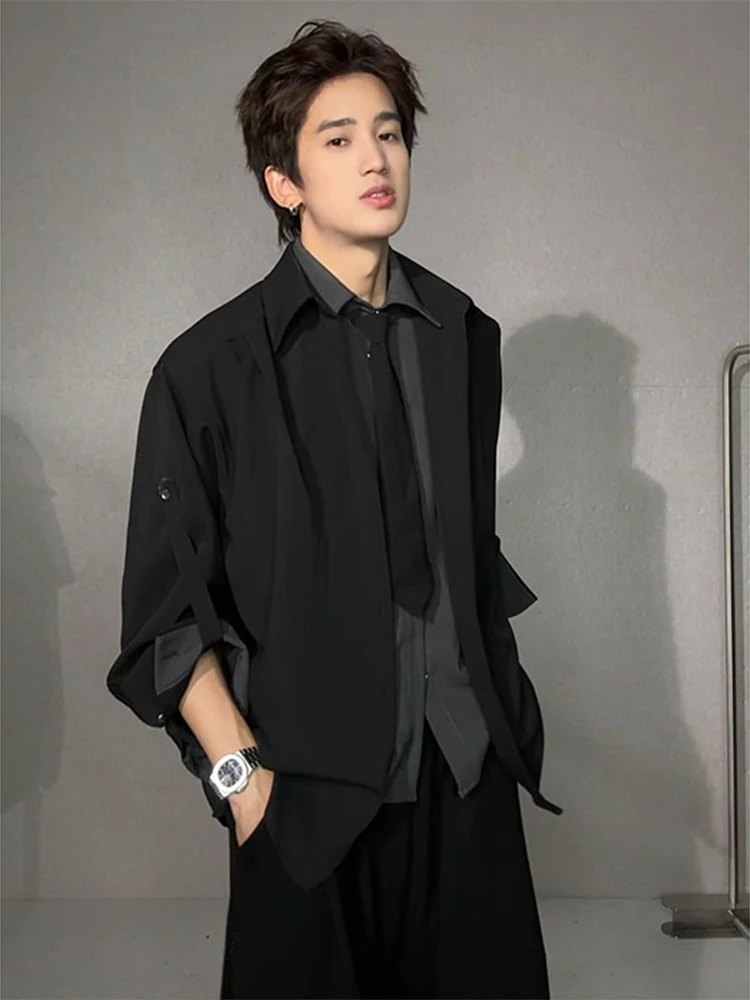

Men's Long Sve irt Patchwork Design Breathable Polyester Fiber Korean Sle Casual Faion Early Autumn High Waistcoat