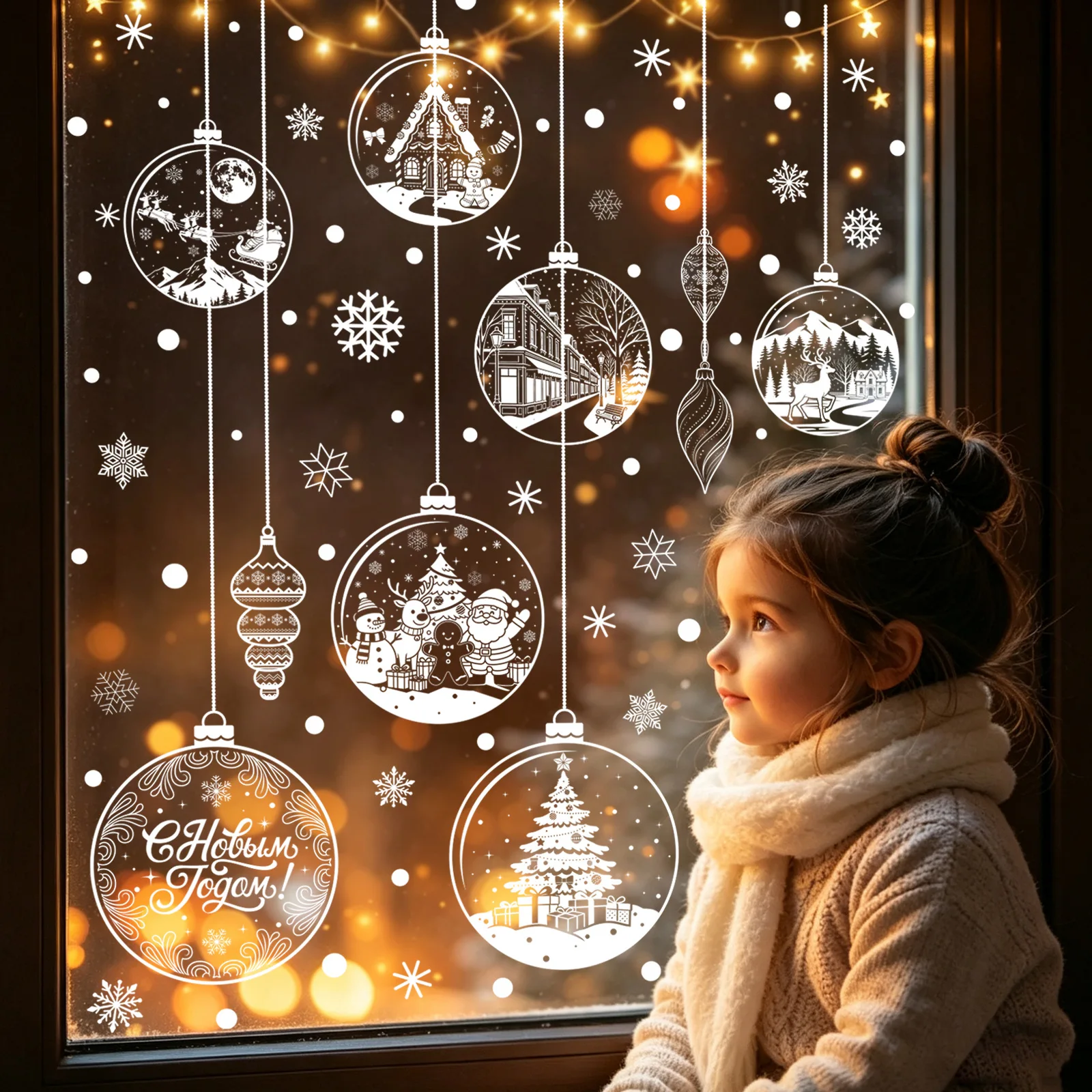 White Warm Snow Dot Snowflake Static Window Stickers, Christmas Tree Bauble Glass Decals, Reusable No Glue Holiday Window Decor