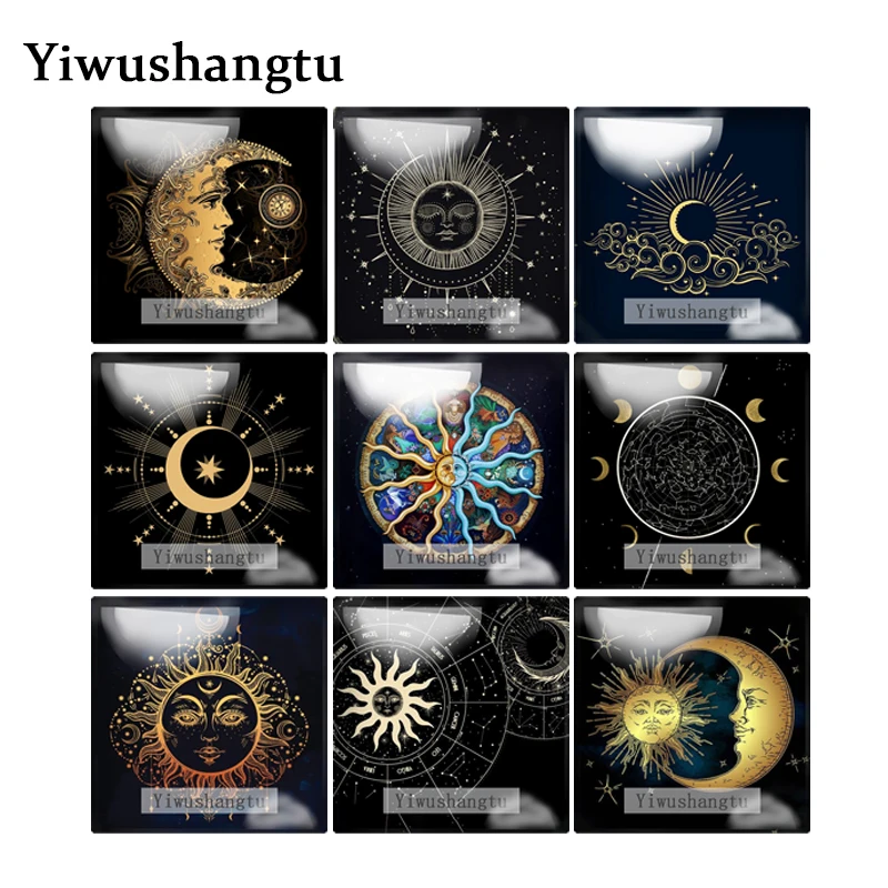 

Black Golden Sun and Moon Cartoon Patterns 12mm/20mm/25mm/30mm Square photo glass cabochon demo flat back Making findings