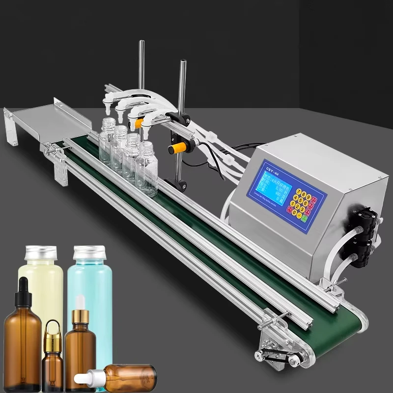 Automatyczna pompa membranowa do napełniania mały płyn cztery głowice z przenośnikiem taśmowym napełniacz oleju 4*3000ml/głowica CSY-4H3200/4H1200