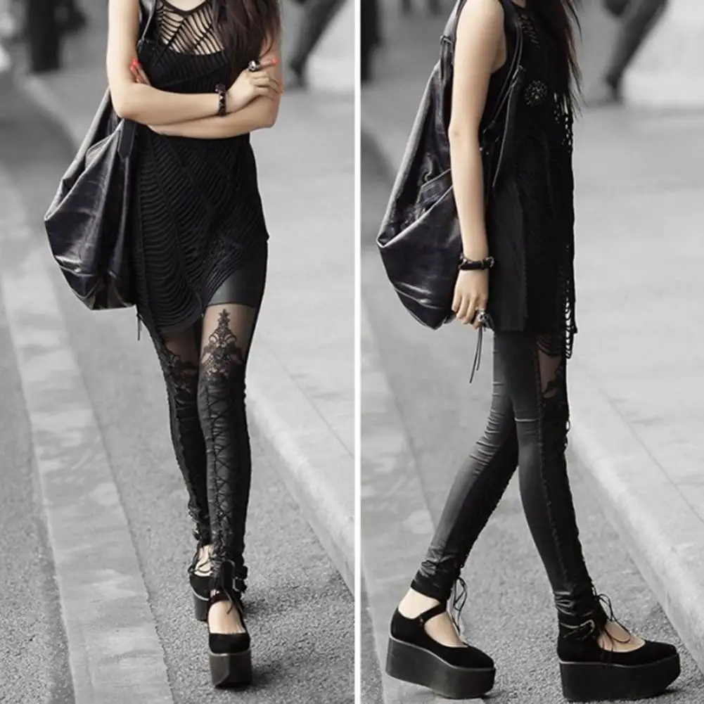 Modern Punk Leggings Windproof See-through Lace-up Calf Women Faux Leather Gothic Punk Leggings  Pencil Pants Hip Lifting