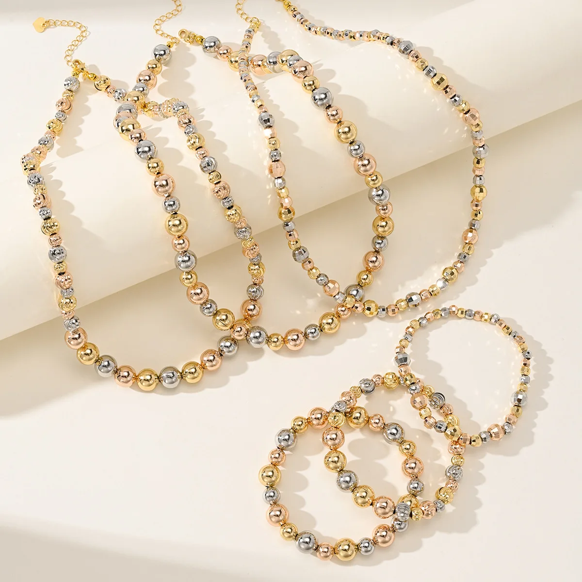 9999 gold fashion minimalist three-color beaded necklace bracelet - non-fading, high-end jewelry for wholesale purchase
