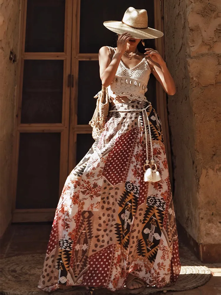 66-74cm Waist Summer Skirt Women Holiday Long Skirt Bohemian Vacation Style Printed Sexy Side Slit Multi Piece Patchwork Skirt