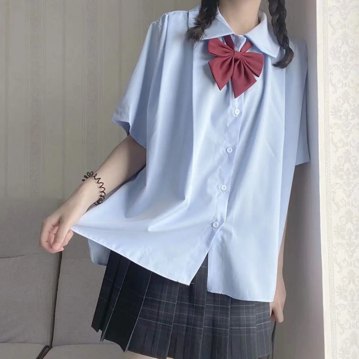 

Japanese Preppy Style Buttons Short Sleeve Blouse Y2k Aesthetic All Match Bow Tie T Shirts Harajuku Loose Summer Casual Clothes