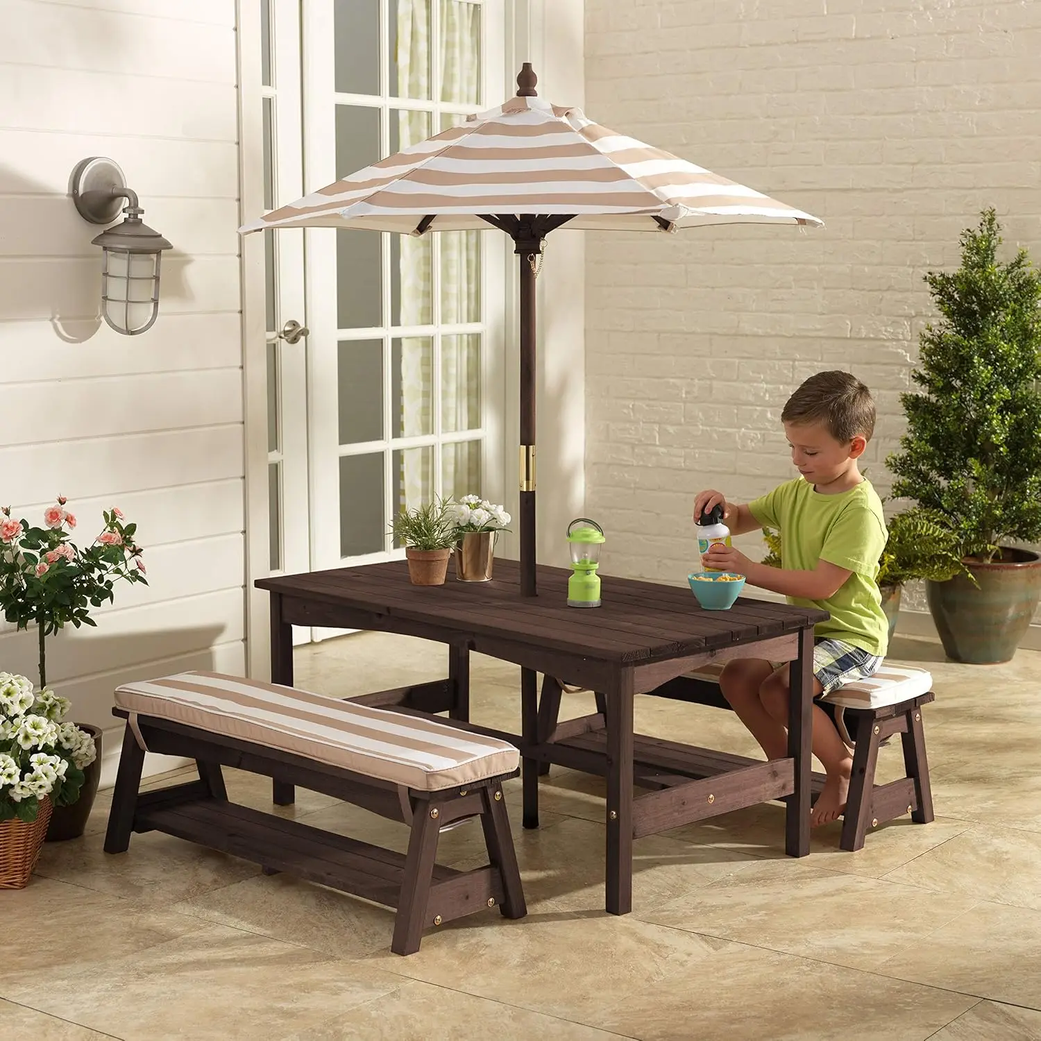 Kidkraft Outdoor Wooden Table & Bench Set With Cushions And Umbrella, Kids Backyard Furniture, Espresso With Oatmeal And White