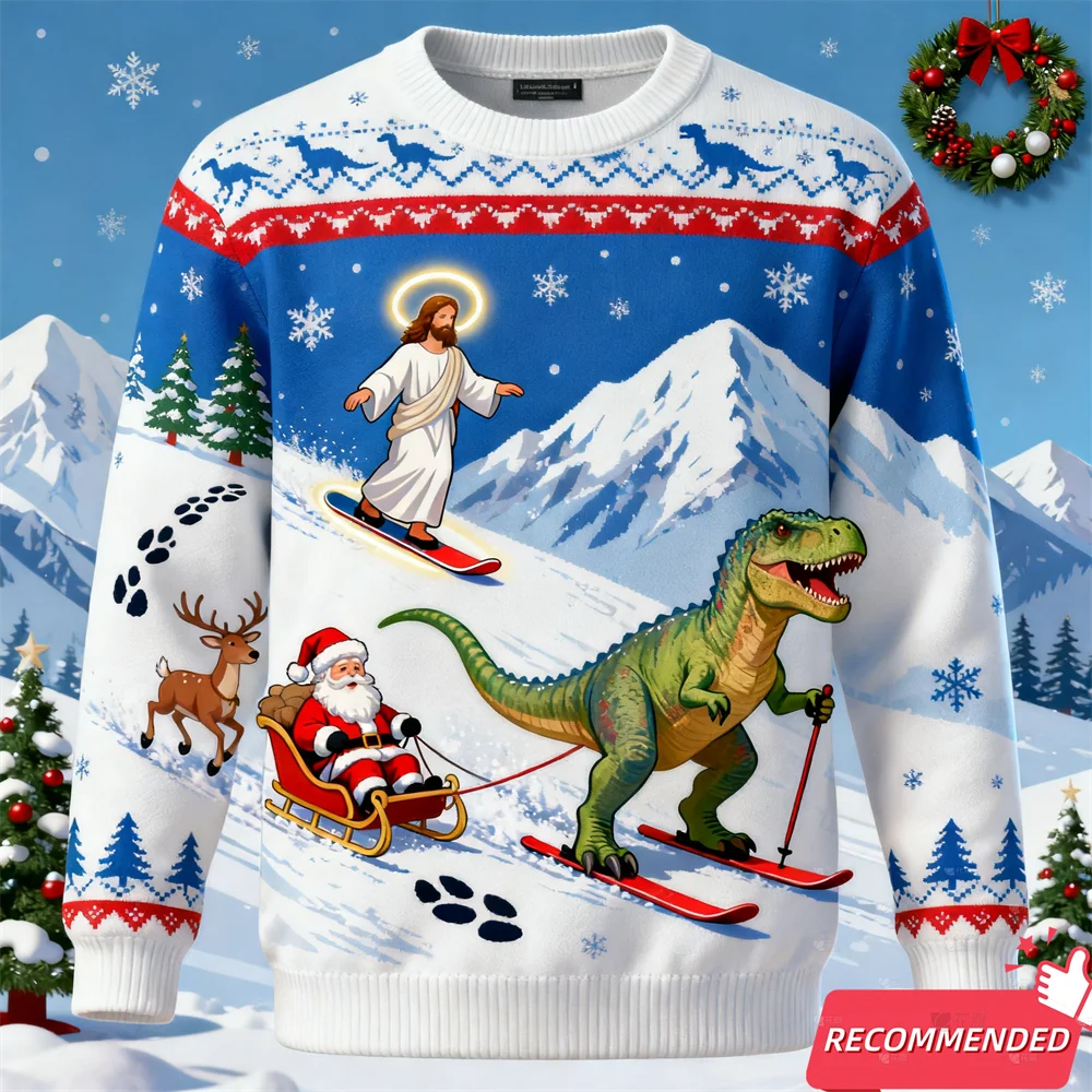 2025 عيد الميلاد البلوز للرجال ديناصور مضحك يسوع سانتا سترة قبيحة موضة للجنسين الشارع الشهير عيد الميلاد الاطفال Y2k ملابس رياضية #5