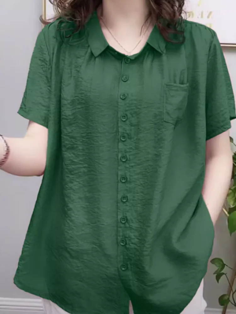 プラスサイズのコットンリネンの女性のシャツ夏薄い半袖ルーズカジュアル多用途痩身フェイクカラーカジュアルウェア
