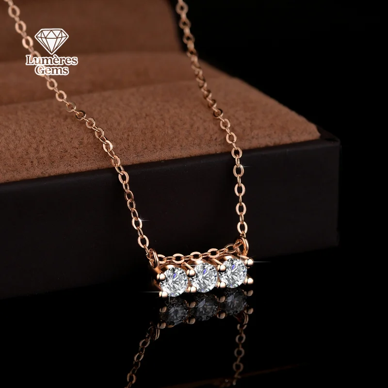 LumièRe Gems Pure 18K Rose Gold Pendant Morganite Diamond Necklace For Women - Horizontal Three-Prong Design In Art Deco Style
