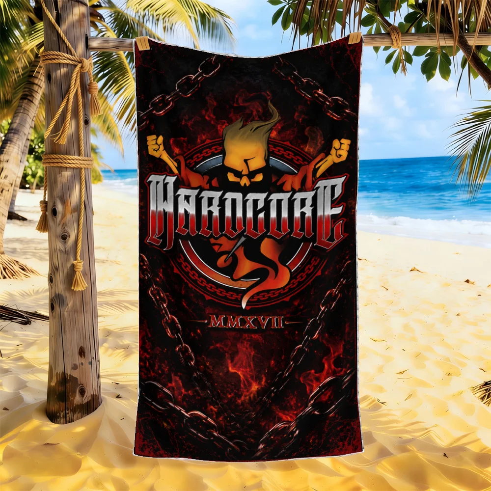 1pc H-Hardcore F-Flame Chain Skull Beach Towel Microfiber Quick Dark Bath Towel For Pool Beach Travel Hardcore Music Fans Gift