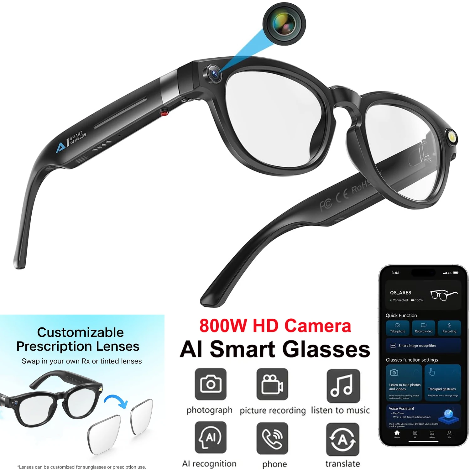 Occhiali intelligenti con fotocamera 4K, per scattare foto e registrare video durante i viaggi, le attività sportive e l’uso quotidiano, lenti fotocromatiche, funzione di chiamata a mani libere