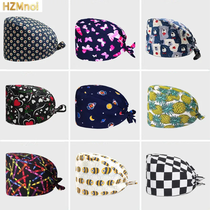 Gorro quirúrgico con estampado de flores para mujer, gorro de algodón, bonito, ajustable, para laboratorio, Spa, enfermera, veterinario