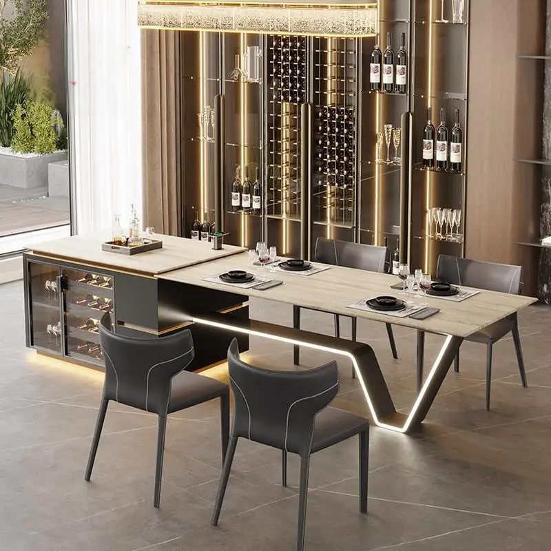 

Custom High-End Travertine Slab Integrated Island Table with Luminous Legs, Multifunctional Home Counter