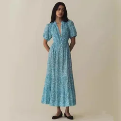 2024 women blue printed dress puff sleeves french style holiday ladies elegant maxi dress