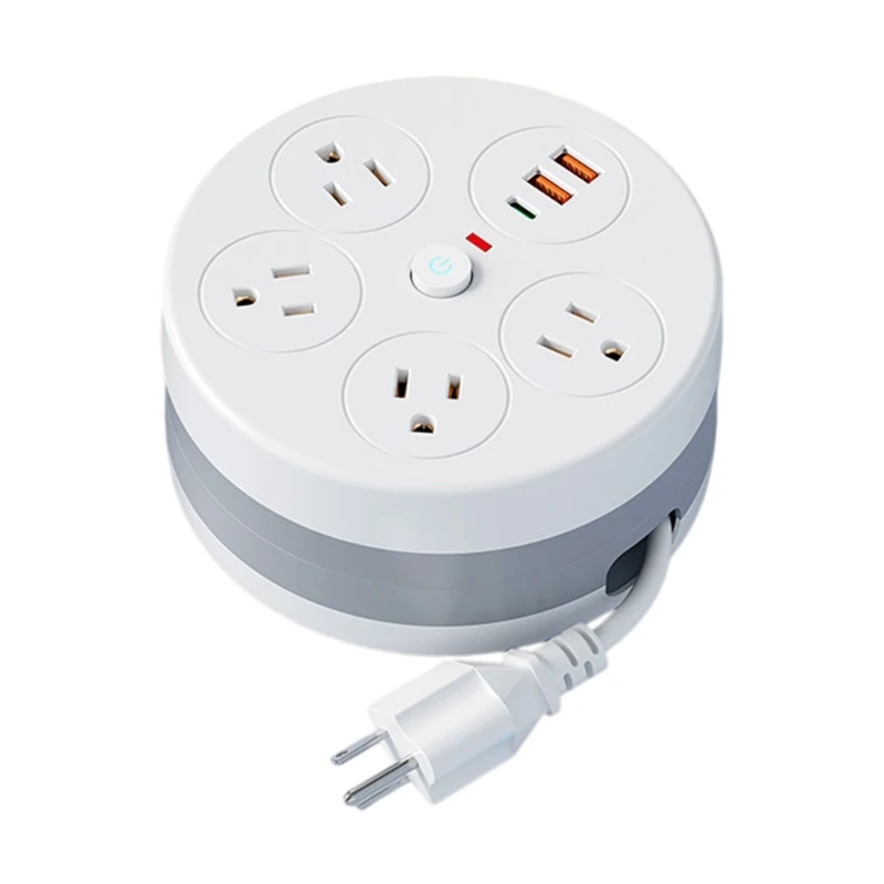 U55C Multifunction Circle Power Plug With USB A Type C Port And Build In Cable Winder