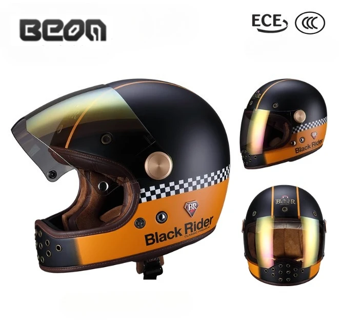 HOT BEON Full Face Carbon Fiber Helmet Motocross Vintage Moto Scooter Autocycle Retro Helmets DOT ECE Approval Casco De Moto