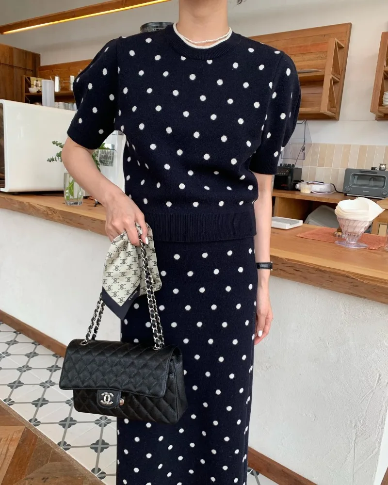 Spring Summer Polka Dot Knitted 2 Piece Set Women Korean Fashion Runway O-neck Short Sleeve Pullover Sweater + Long Skirt Suits