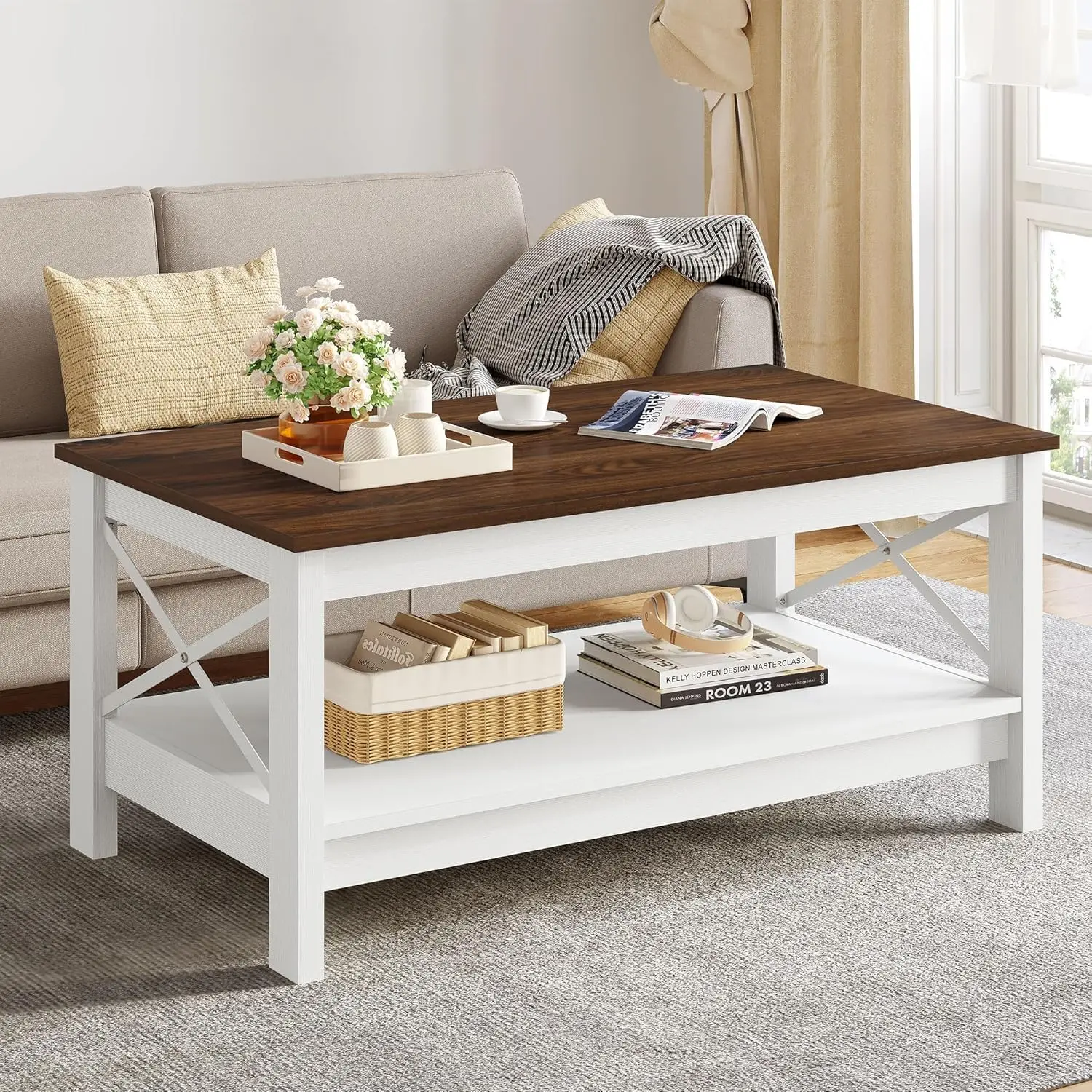 

Coffee Table,Modern Farmhouse Coffee Table with Storage,2-Tier Center Table for Living Room Wood Living Room Table