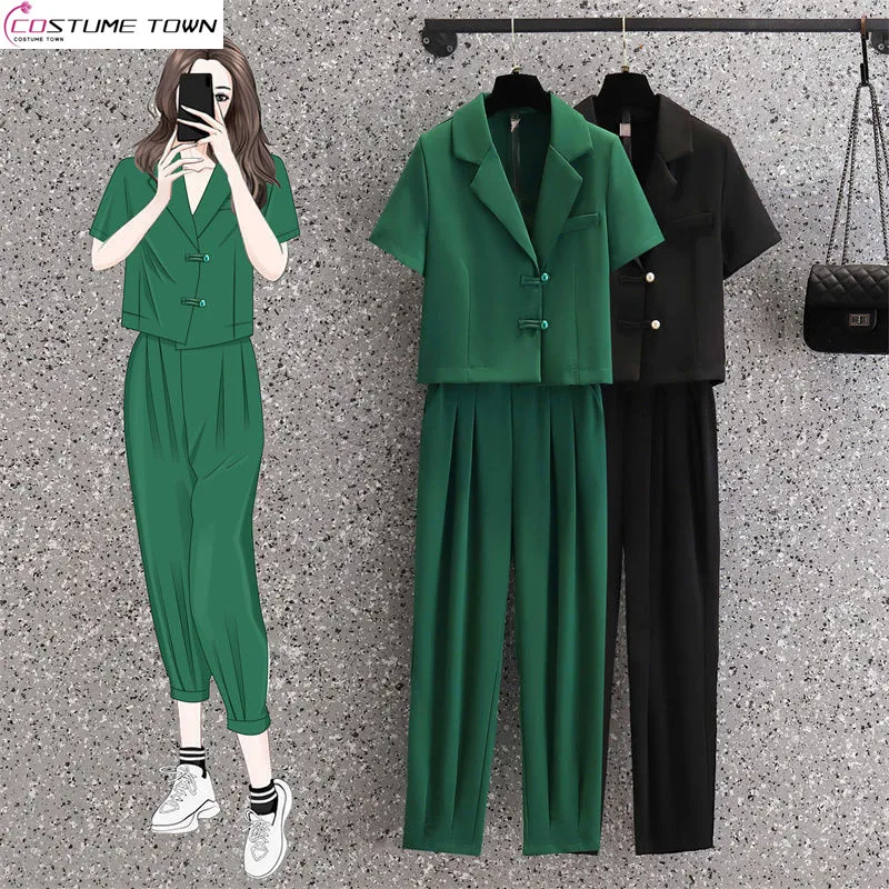 

Summer New Short Sleeved Suit Top Casual Cropped Pants Two-piece Set for Slimming Temperament Women's Trend Set