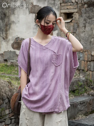 OriGoods, camisa de gran tamaño para mujer, novedad de verano 2021, blusa sin mangas de gran tamaño con cuello en V, camisetas holgadas originales de lino y algodón, camiseta B289
