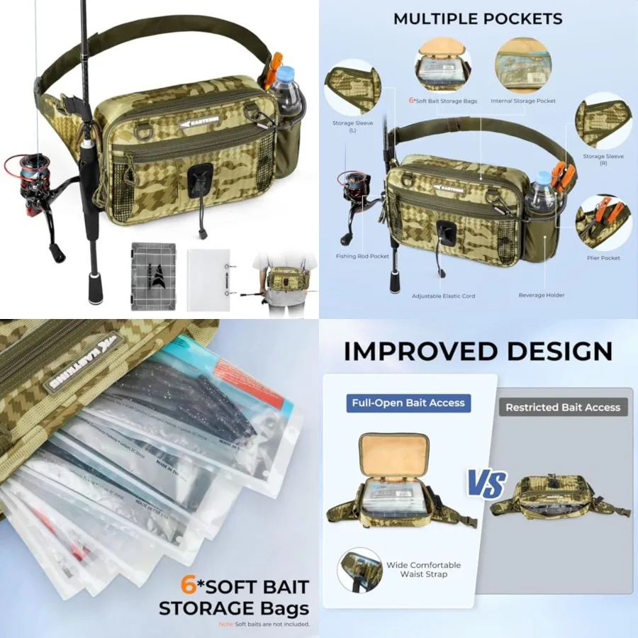 

BaitSpace Waist Bag Waterproof Tackle Storage Bag With Adjustable Belt, Fishing Fanny Pack for Men, Soft Bait Organizer, 3600 U