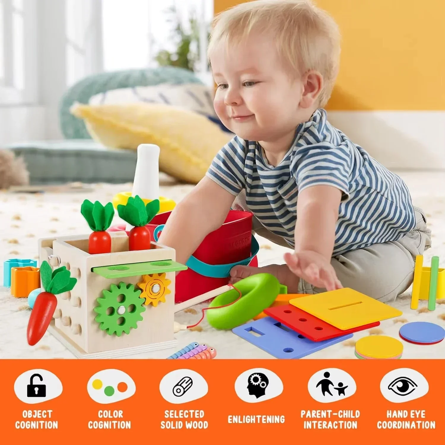 

Wooden Montessori Toys Play Kit Sorting Matching Toy Coin Ball Box Multi-function Stick Pull Radish Game Baby Learning Kids Toy