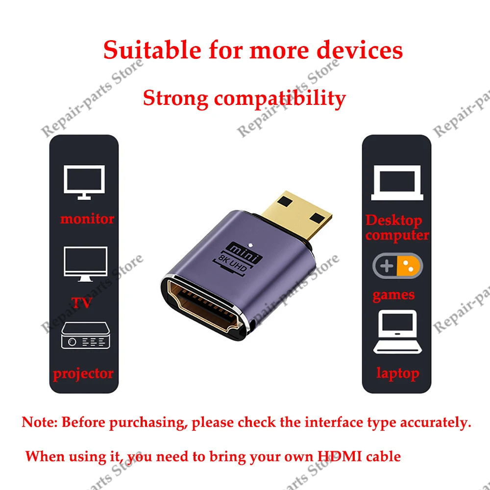 1Pcs UHD 8K 60Hz HDTV V2.1 Adapter 180 Degree down Angle Mini/Micro HD Male To HDMI-Compatible Female Adapter Connector