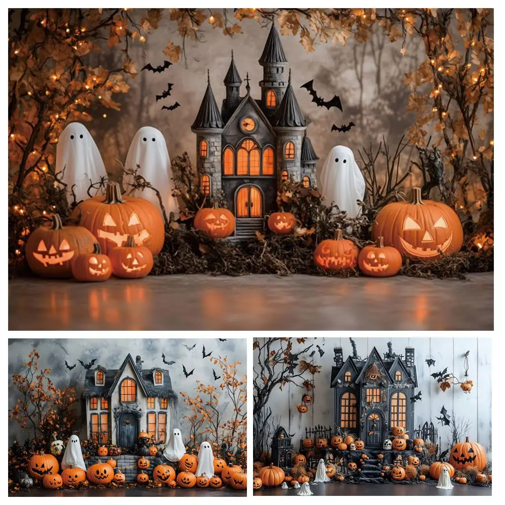 

Halloween Photography Backdrop Castle Ghost Pumpkin Lanterns Bat Baby Portrait Kids Family Party Photo Background Photo Studio