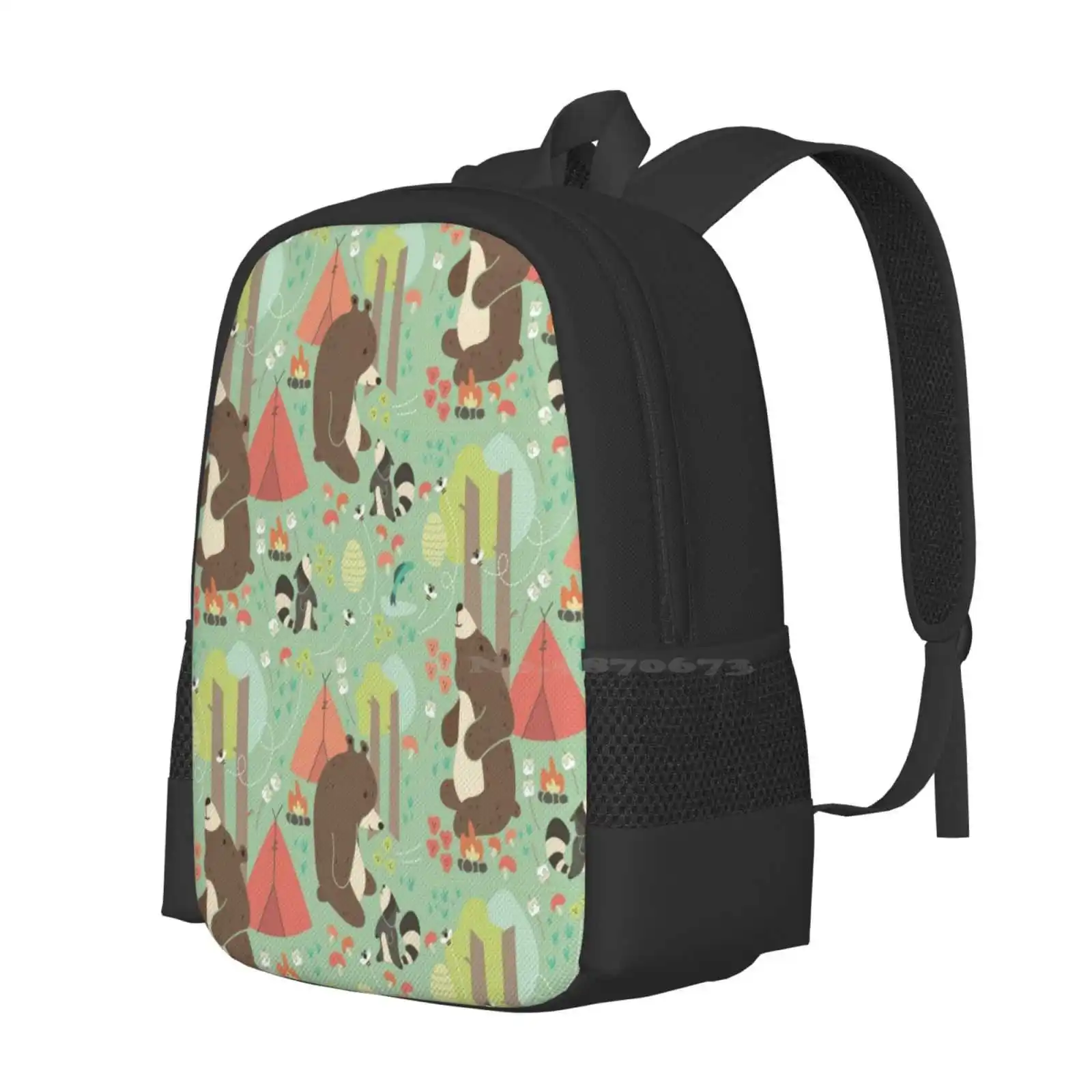 Bears Of Summer Hot Sale Schoolbag Backpack Fashion Bags Bears Raccoons Pattern Trees Teepee Tent Mushrooms Nature Flowers Bees