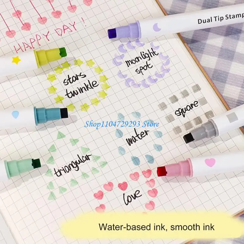 6Pieces Double Head Watercolor Marker 6 Color Stamp Marker Pen Set for Drawing 