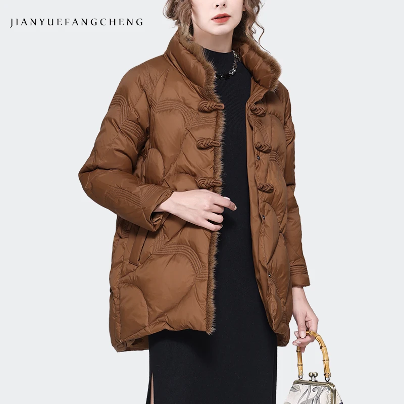 Fashion Fur Collar Women Winter Brown Down Jacket Warm Lightweight Disc Buckle Design Loose Casual Windproof Embroidery Parkas