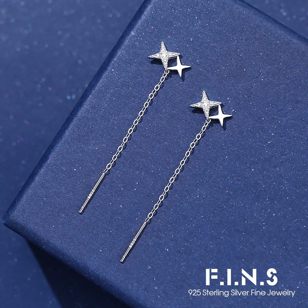 F.I.N.S Korean Style Fashion Four-Pointed Star Ear Studs For Women Luxury Piercing Ear Line Chain Fine Jewelry Prevent Allergy